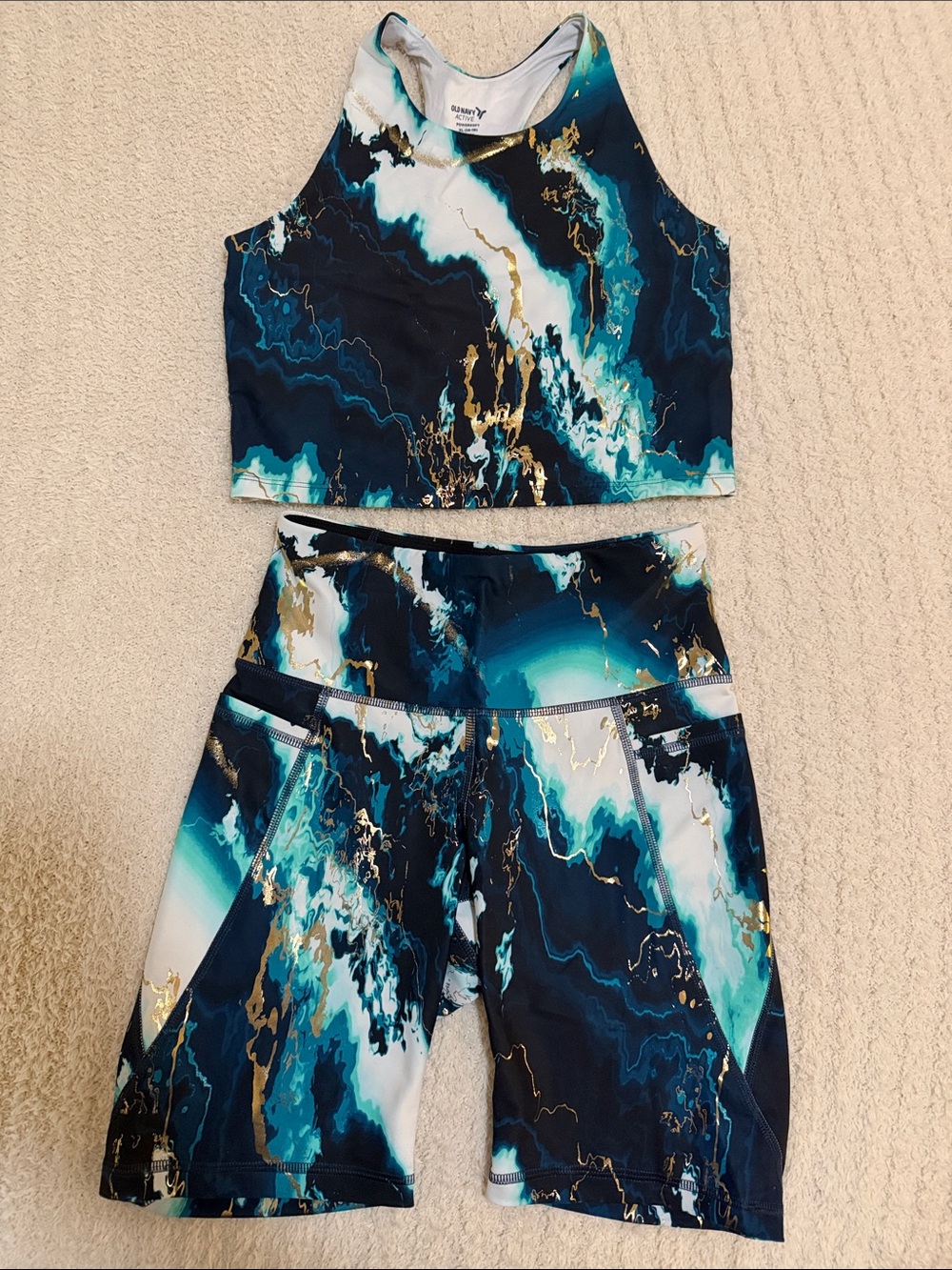 Old Navy Blue Teal Gold Marble-Print High-Rise Bike Shorts
